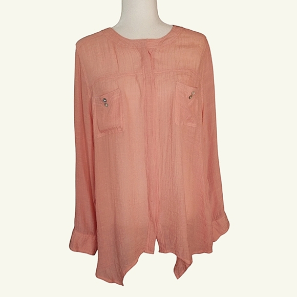 Asymmetrical Pink Long Sleeve Blouse with Mandarin Collar - Picture 8 of 8